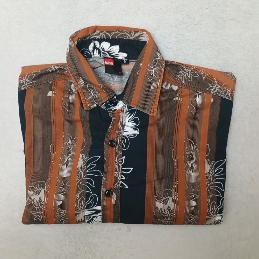 Diesel Shirt Mens M Brown Striped Floral Hawaiian Button-Up Long Sleeve Cotton